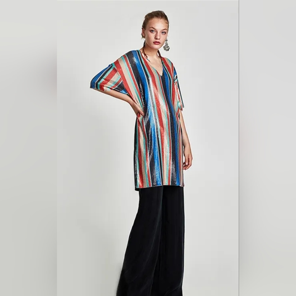 Zara Muticolored Sequin Stripe Mini Dress Sz M NWT